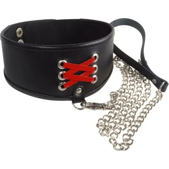 Широкий ошейник с декоративной шнуровкой и поводком - BDSM accessories