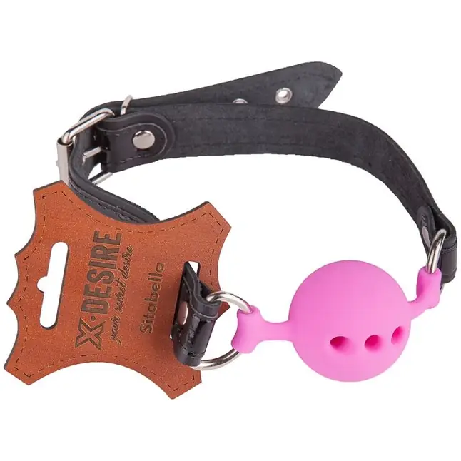 Розовый кляп-шар на черных кожаных ремешках - BDSM accessories. Фотография 2.