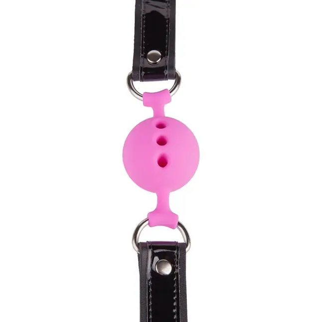 Розовый кляп-шар на черных кожаных ремешках - BDSM accessories. Фотография 3.