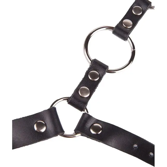 Кляп-кольцо на чёрных кожаных ремешках с застёжкой - BDSM accessories. Фотография 4.
