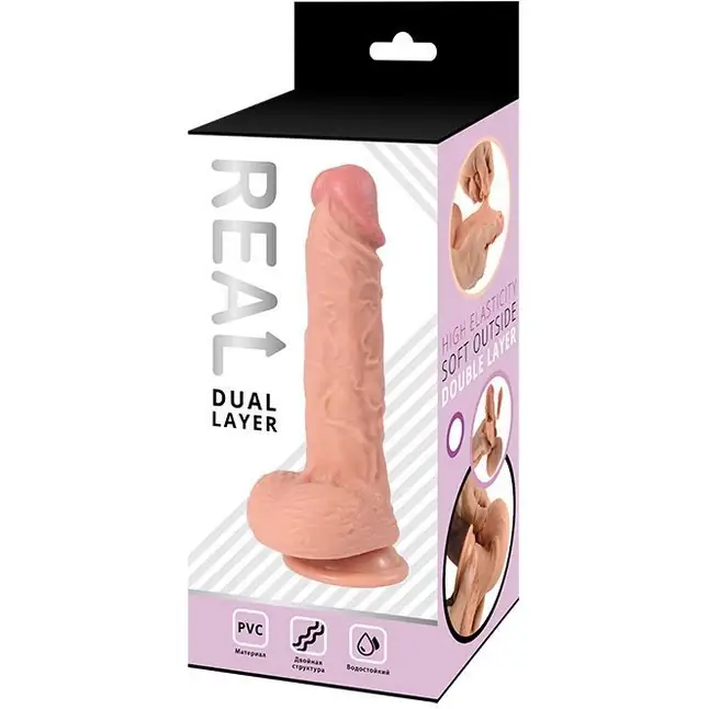 Телесный фаллоимитатор-реалистик REAL Dual Layer с мошонкой на присоске - 23 см. Фотография 2.