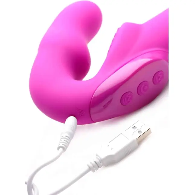 Розовый безремневой страпон с вибрацией Evoke Rechargeable Vibrating Strap On - 24,7 см - Strap U. Фотография 3.