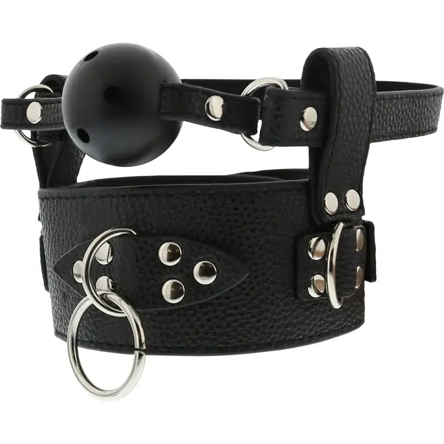 Черный кляп-шар с отверстиями и ошейником BREATHABLE BALL GAG WITH COLLAR - Blaze
