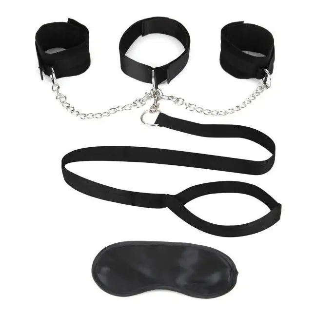 Чёрный ошейник с наручниками и поводком Collar Cuffs Leash Set