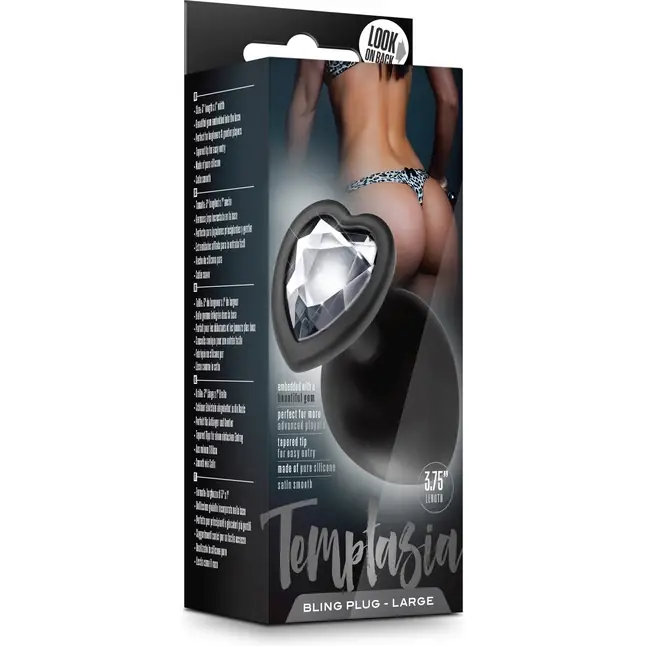 Черная анальная пробка с прозрачным стразом-сердечком Bling Plug Large - 9,5 см - Temptasia. Фотография 2.