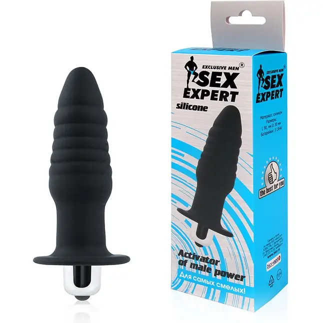 Черная ребристая вибровтулка с ограничителем - 9 см - SEX EXPERT. Фотография 2.