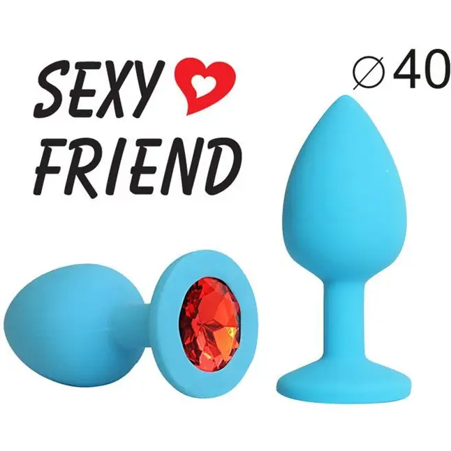 Голубая силиконовая анальная пробка с красным кристаллом - 9,5 см - SEXY FRIEND. Фотография 2.