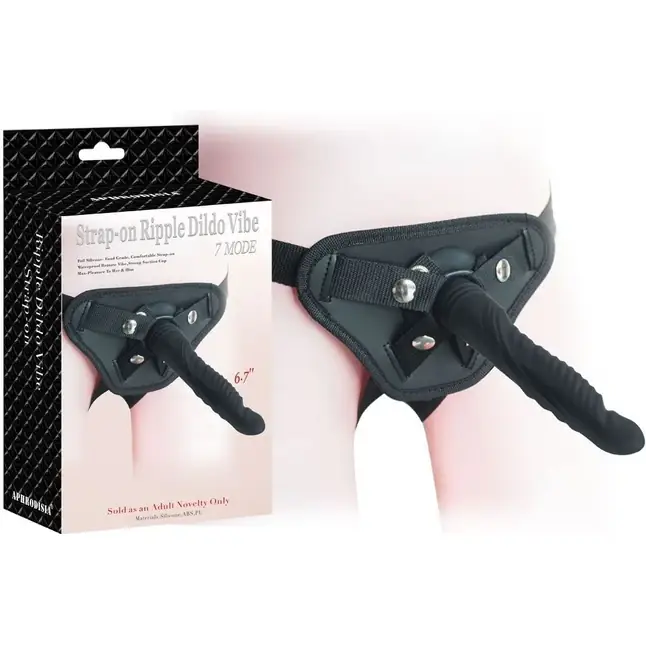 Черный вибрострапон 6.7 inch Strap-on Ripple Dildo Vibe - 21 см. Фотография 2.