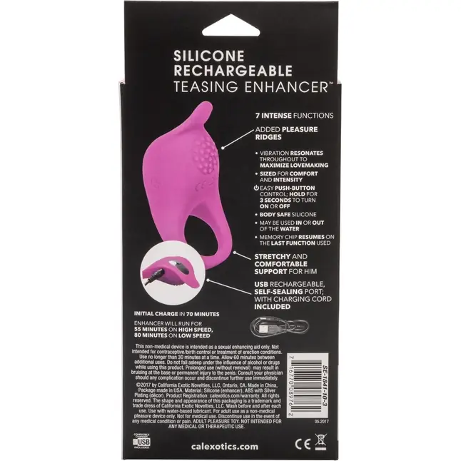 Ярко-розовое эрекционное виброкольцо Silicone Rechargeable Teasing Enhancer - Couples Enhancers. Фотография 8.