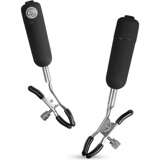 Черные виброзажимы на соски Easytoys Nipple Clamps With Vibrating Bullets - Fetish Collection. Фотография 2.