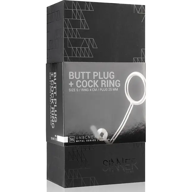 Серебристое эрекционное кольцо с анальной пробкой Sinner Metal Cock Ring With Anal Plug Size S - Sinner Gear Unbendable. Фотография 4.