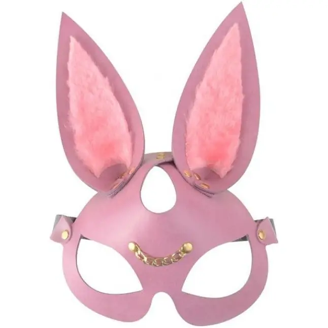 Розовая кожаная маска Зайка с длинными ушками - BDSM accessories