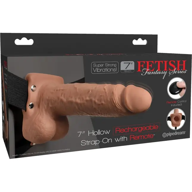 Кофейный перезаряжаемый вибрострапон 7 Hollow Rechargeable Strap-on with Balls - 20,3 см - Fetish Fantasy Series. Фотография 7.