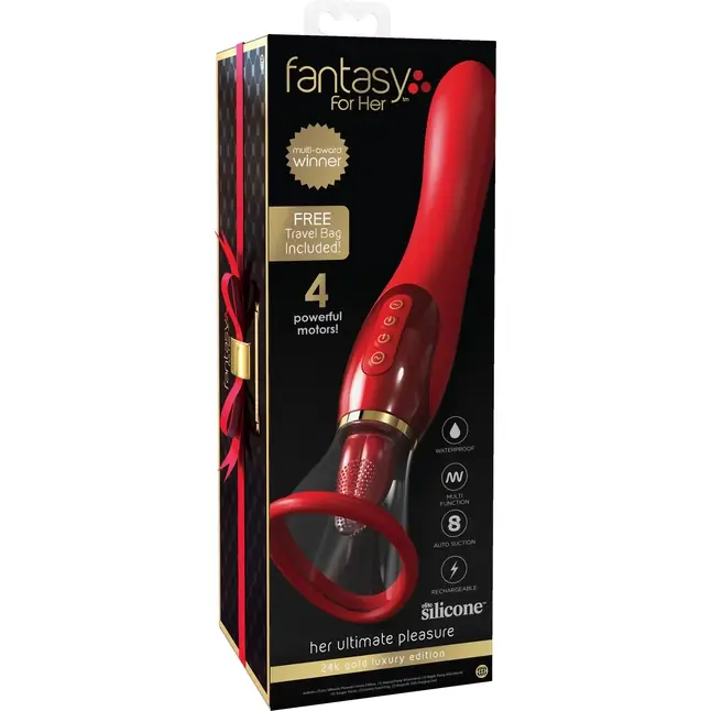 Красный двухсторонний вибростимулятор Ultimate Pleasure 24K Gold Luxury Edition - 25 см - Fantasy For Her. Фотография 11.