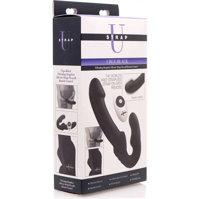 Черный безремневой страпон Urge Silicone Strap On с пультом ДУ - 24 см - Strap U. Фотография 4.