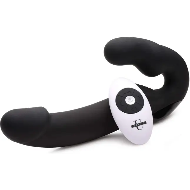 Черный безремневой страпон Urge Silicone Strap On с пультом ДУ - 24 см - Strap U