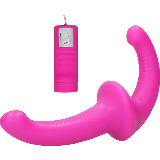 Розовый безремневой вибрострапон с пультом управления Vibrating Silicone Strapless Strapon - Ouch!. Фотография 2.