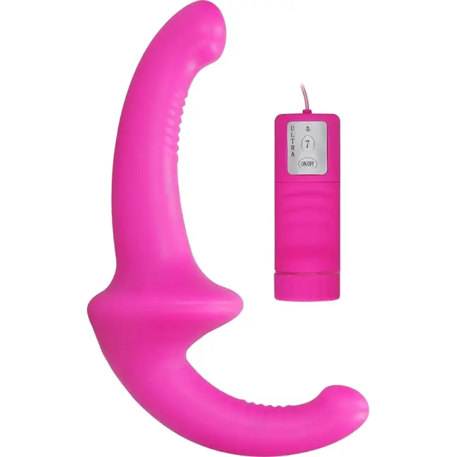 Розовый безремневой вибрострапон с пультом управления Vibrating Silicone Strapless Strapon - Ouch!
