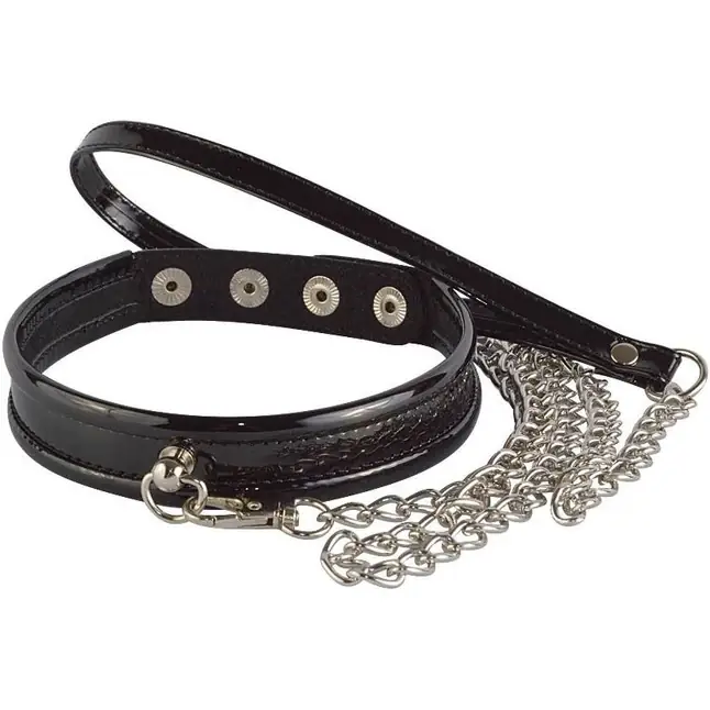 Черный лаковый узкий ошейник с металлическим поводком - BDSM accessories