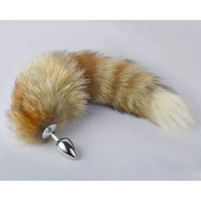 Серебристая анальная пробка с натуральным лисьим хвостом - BDSM accessories