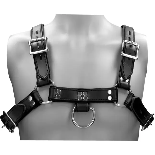 Черная мужская портупея Leather Male Chest Harness с кольцами - Ouch!. Фотография 2.