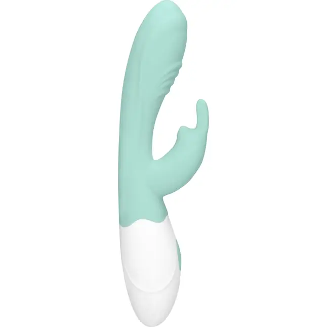 Зеленый вибратор Juicy Rabbit со стимулятором клитора - 19,5 см - Loveline. Фотография 2.
