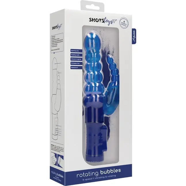 Синий вибратор-кролик Rotating Bubbles - 23,2 см - Shots Toys. Фотография 9.