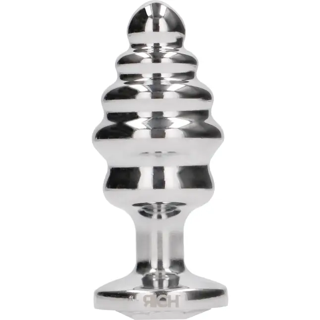 Серебристая анальная пробка с прозрачным кристаллом Ribbed Diamond Plug - 7,3 см - Rich. Фотография 5.