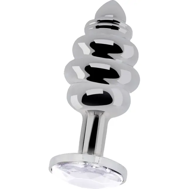 Серебристая анальная пробка с прозрачным кристаллом Ribbed Diamond Plug - 7,3 см - Rich