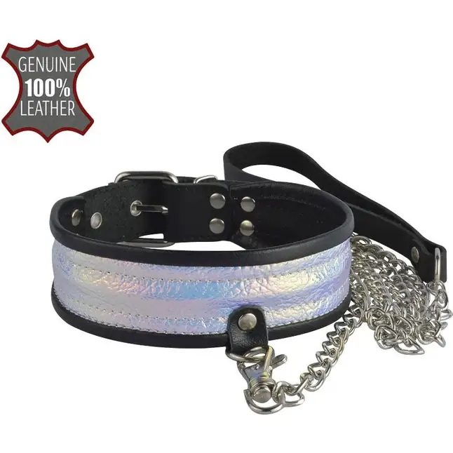 Черный ошейник с голографическими вставками и поводком - BDSM accessories