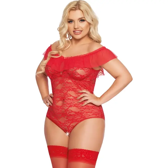 Оригинальное кружевное боди с воланом Kamila - Plus size. Фотография 3.