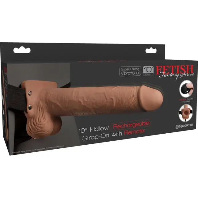 Кофейный перезаряжаемый фаллопротез 10 Hollow Strap-on with Remote - 21,6 см - Fetish Fantasy Series. Фотография 8.