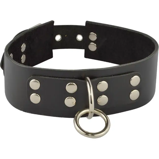 Черный кожаный ошейник с кольцом и клепками - BDSM accessories