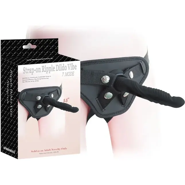 Черный вибрострапон 5.5 inch Strap-on Ripple Dildo Vibe - 13,8 см