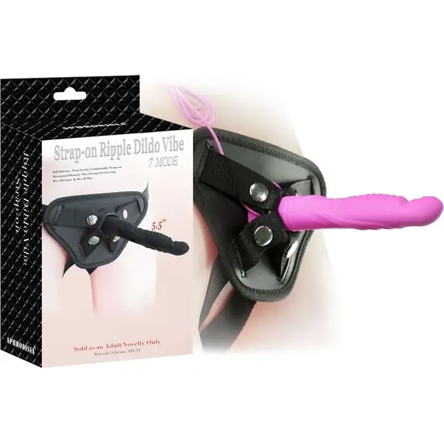 Розовый вибрострапон 5.5 inch Strap-on Ripple Dildo Vibe - 13,8 см