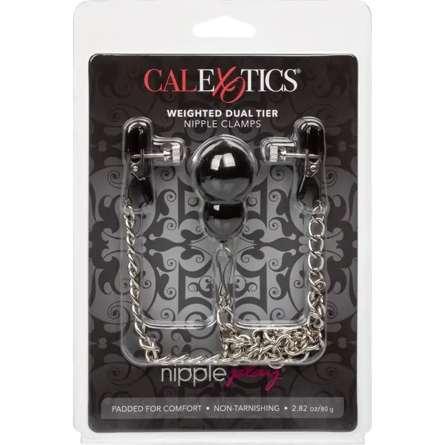 Зажимы для сосков с серебристой цепочкой и утяжелителем Weighted Dual Tier Nipple Clamps - Nipple Play. Фотография 6.