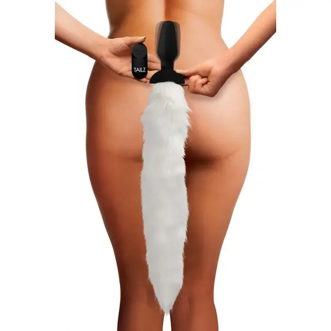 Черная анальная вибропробка с белым лисьим хвостом White Fox Tail Vibrating Anal Plug - Tailz. Фотография 4.