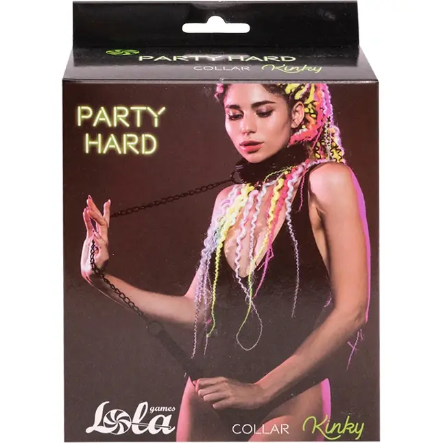 Черный ошейник с поводком Kinky - Party Hard. Фотография 4.