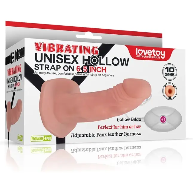 Телесный фаллопротез с вибрацией Vibrating Unisex Hollow Strap On - 19 см. Фотография 3.
