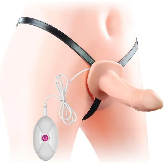 Телесный фаллопротез с вибрацией Vibrating Unisex Hollow Strap On - 19 см