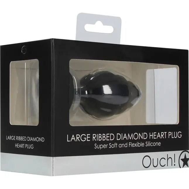 Черная анальная пробка Large Ribbed Diamond Heart Plug - 8 см - Ouch!. Фотография 6.