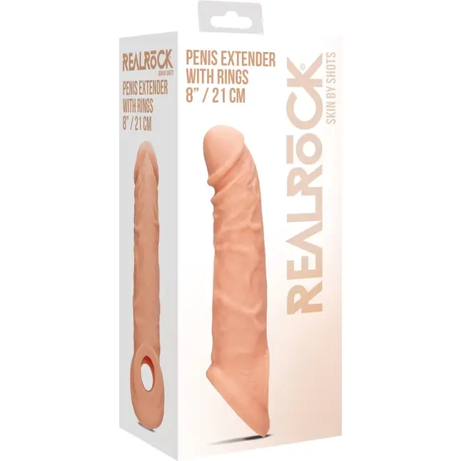 Телесная насадка с кольцом Penis Extender with Rings - 21 см - RealRock. Фотография 7.