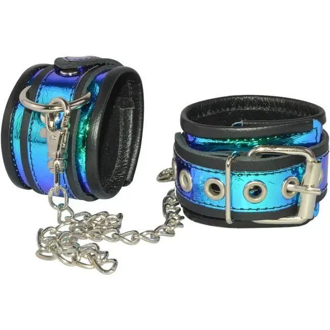 Черные оковы с синей голографической отделкой - BDSM accessories