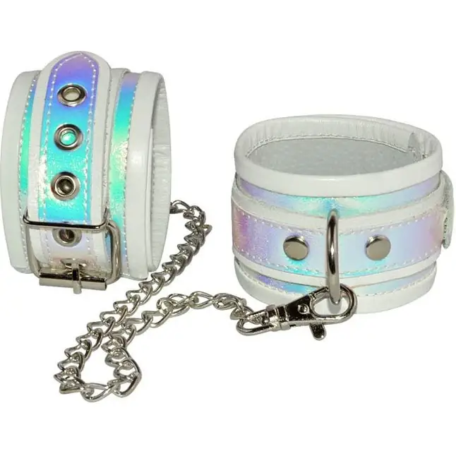 Белые кожаные оковы с перламутровым блеском - BDSM accessories