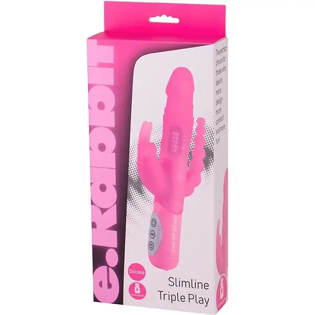 Розовый вибратор-кролик с анальным стимулятором SLIMLINE TRIPLE PLAY - 15,5 см. Фотография 2.