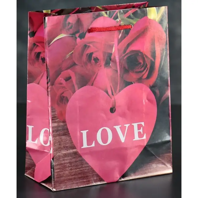 Подарочный пакет Love с розочками и сердечками - 23 х 18 см