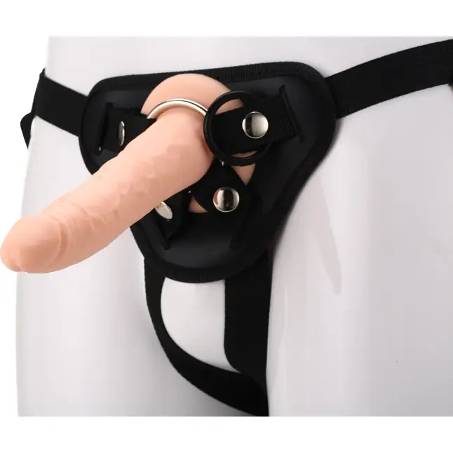 Телесный страпон на черных трусиках Strap On Real Dildo - 20 см - RealStuff. Фотография 2.