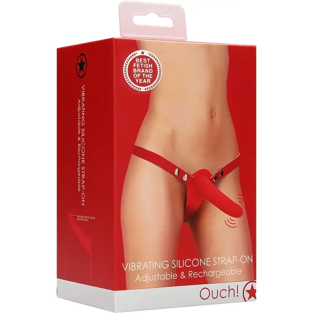 Красный вибрострапон Silicone Strap-On Adjustable - 15,5 см - Ouch!. Фотография 4.