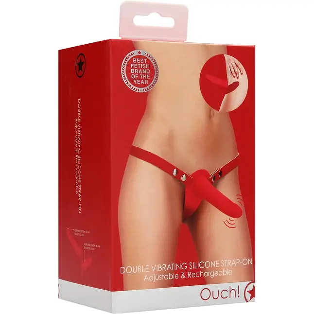 Красный двойной вибрострапон Double Vibrating Silicone Strap-On Adjustable - 15,5 см - Ouch!. Фотография 5.