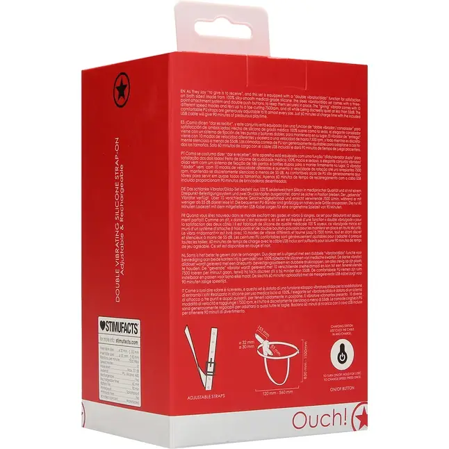 Красный двойной вибрострапон Double Vibrating Silicone Strap-On Adjustable - 15,5 см - Ouch!. Фотография 6.